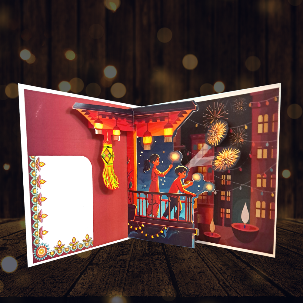 Diwali Greeting Card Kids playing firecrackers in balcony