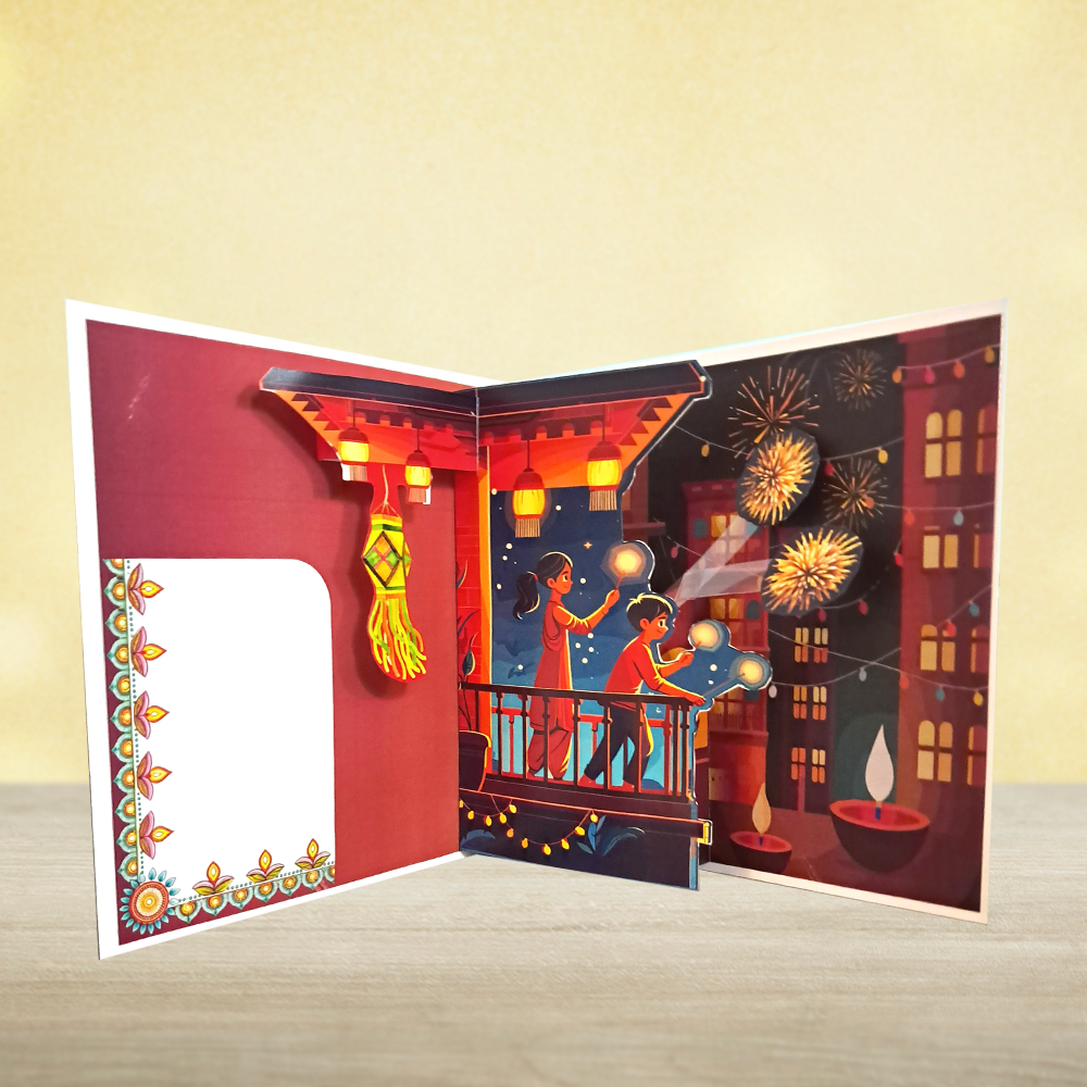 Diwali Greeting Card Kids playing firecrackers in balcony