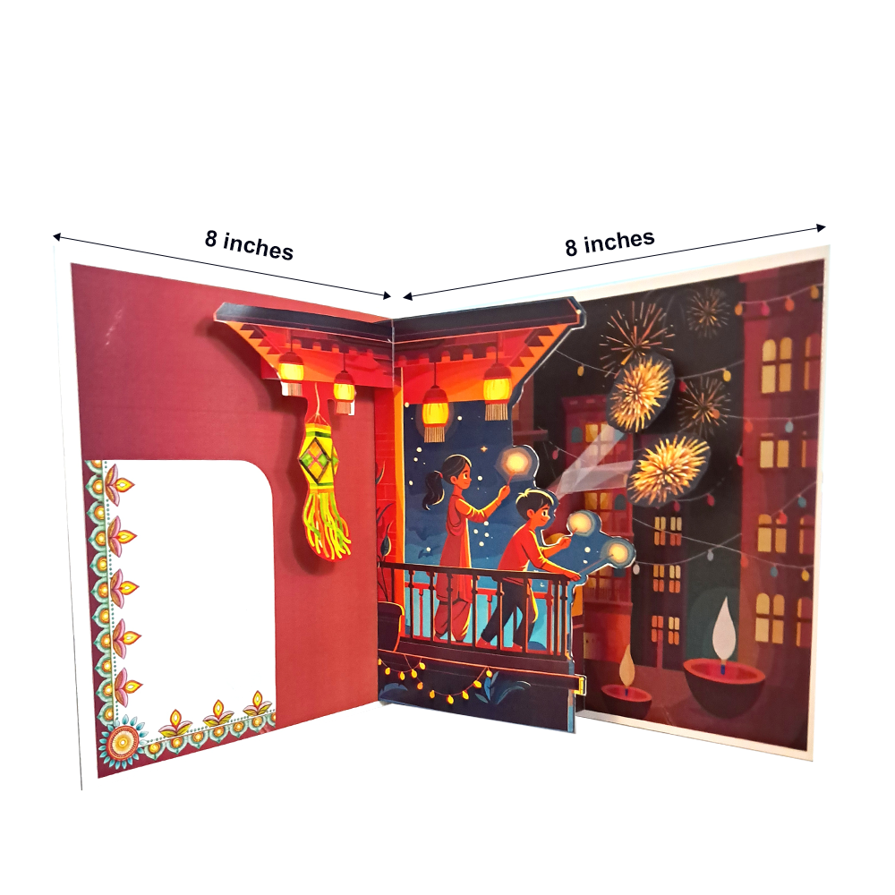 Diwali Greeting Card Kids playing firecrackers in balcony