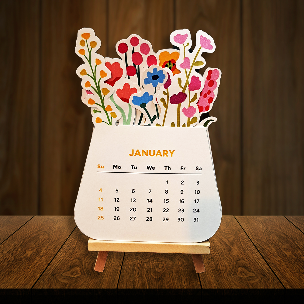 Colourful Floral New Year Desk Calendar – Customisable Corporate Gifting | Cheerful Table Calendar for 2025