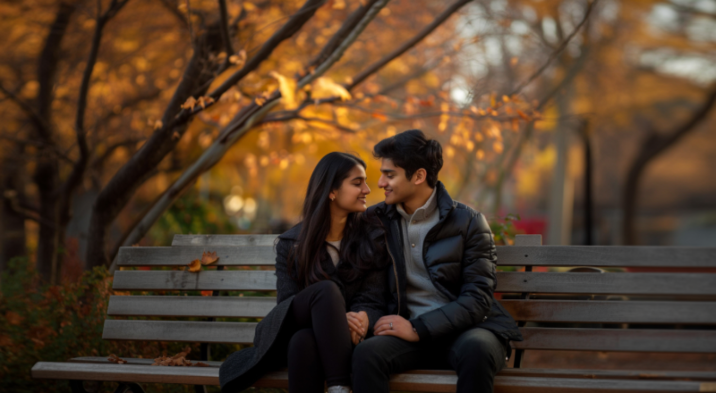 Couple sitting on a bench in an autumn park Valentine Day Cards