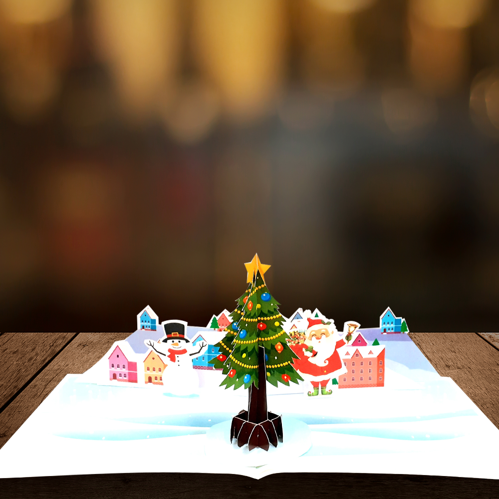 Christmas Village 3D Pop Up Card – Santa Claus, Snowman & Tree | Custom Corporate Greeting