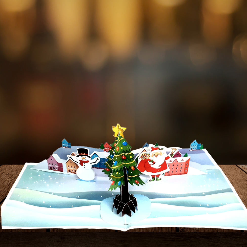 Christmas Village 3D Pop Up Card – Santa Claus, Snowman & Tree | Custom Corporate Greeting