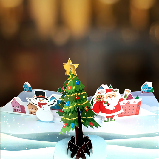 Christmas Village 3D Pop Up Card – Santa Claus, Snowman & Tree | Custom Corporate Greeting